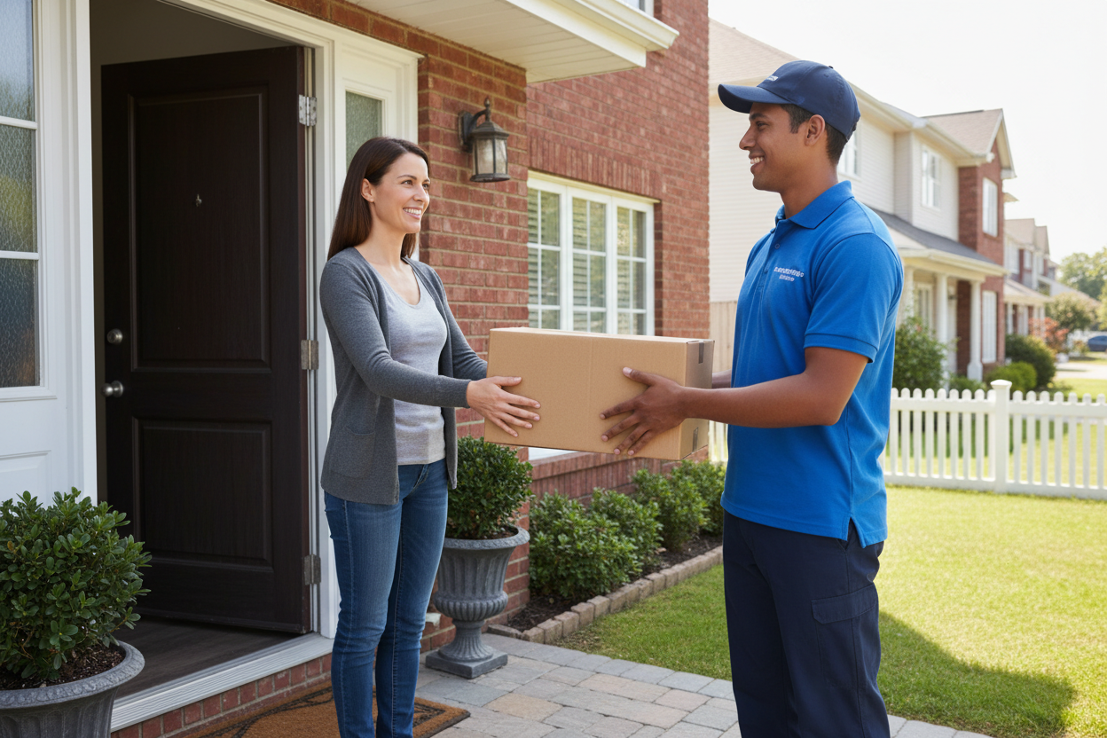 Genera a una persona entregando producto en la casa de otra persona recibiendolo